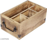 Wooden kitchen utensil holder with 4 compartments, handcrafted from sustainable mango wood. Multi-purpose organizer for cutlery, napkins, cups, and accessories. Handmade in India, featuring solid metal handles and metal brackets. Perfect for kitchen or dining room decor